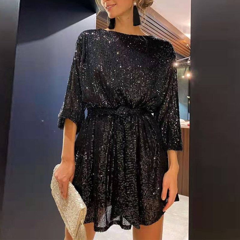 swvws Sequins Women Long Sleeve Belt Mini Party Dress Loose O-Neck Ladies Solid Bling Fashion Vestidos  New Year Formal Dresses