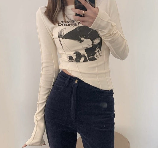 swvws Casual Slim T-Shirt For Women O Neck Long Sleeve Sexy Crop Top Grunge Letters Print Female Korean Fashion Clothing