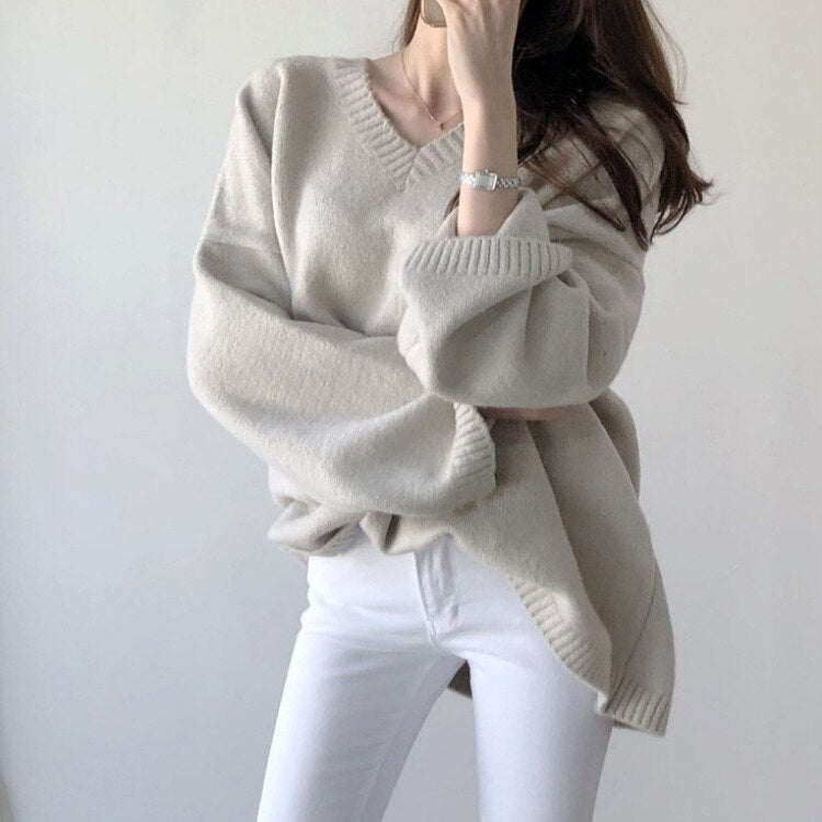 swvws Autumn Winter V Neck White Sweater Women Oversize Pullover Ladies Elegant Loose Knitwear Top Casual Knitted Sweater Sueter Mujer