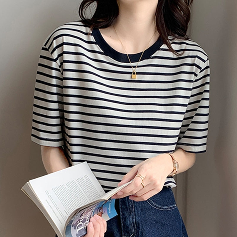 swvws Cotton T Shirt Women  Summer Striped Tshirts For Women Clothing Casual Basic Women's T-Shirt Loose T-Shirts Tee Tops Tshirt