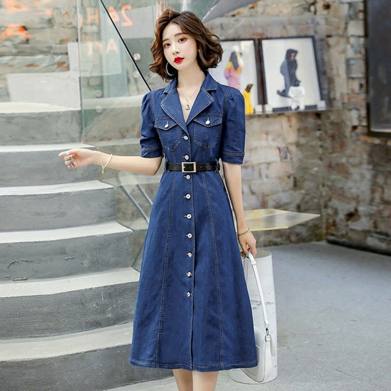 swvws  Summer  Women Denim Straight Slim Jeans Solid High Waist Short Sleeve Casual Dresses