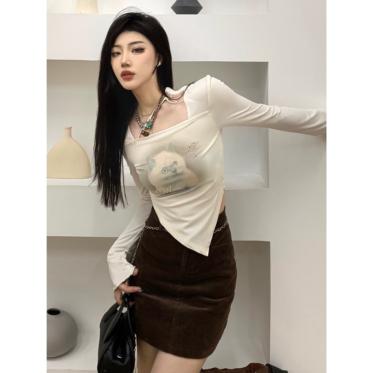 swvws Cat Printed Long Sleeve Crop Tops Women Sexy Slim Square Collar Irregular T-Shirt Autumn Chic Design Streetwear Harajuku