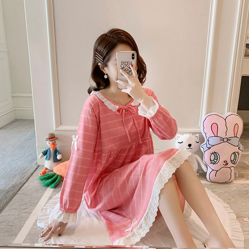 swvws Nightgowns Women Plaid Sweet Bow Knot Collar Mid-Long Sleepshirt For Girls Homewear Breathable High Quality Soft Fashion Korean