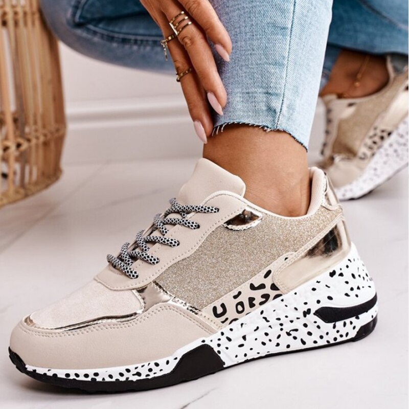 Wenkouban Women's Sneakers Platform Casual Shoes Women Vulcanize Shoes Leopard Ladies Running Shoes Sport Silver Lace-Up Female Sneakers