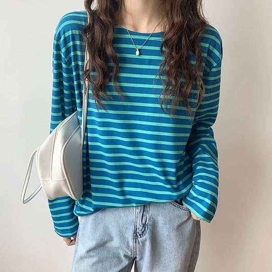 swvws Women's Cotton Striped Top O Neck Loose Casual All-Match T Shirts Female Long Sleeve Basic Fashion Korean New Tees T-Shirt Femme