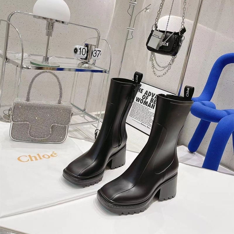 swvws  New Square Toe Rain Boots For Women Chunky Heel Thick Sole Ankle Boots Designer Chelsea Boots Ladies Rubber Boot Rain Shoes