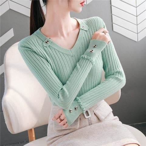 swvws  NEW Autumn Women Sweater Knitted Long Sleeve Casual V-Neck Pullovers Slim-Fit Tops Vintage Button Office Chic Sweater