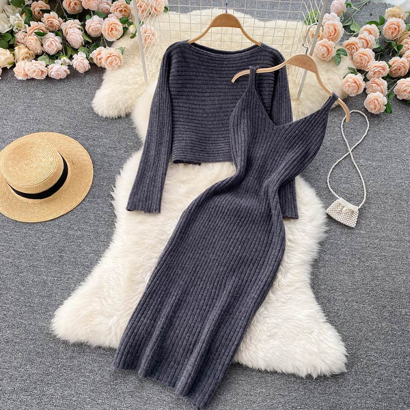 swvws Two-Piece Dress Sets Winter Women Knitted Dress Set Fleece Tracksuits Autumn Sweater And Tank Dress Elegant Outfit