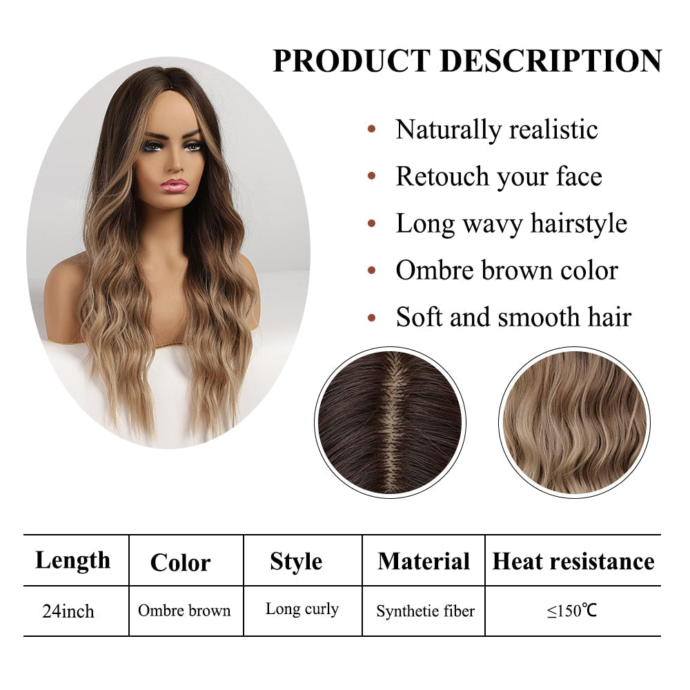 swvws  Long Body Wave Wigs Ombre Black Brown Blonde Synthetic Wig Cosplay Middle Part Natural Heat Resistant Wig For Women