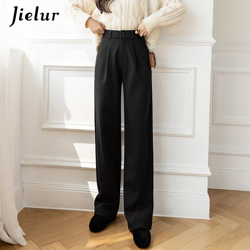 swvws Woolen Wide Leg Pants Black Khaki Winter Korean Style Women Trousers High Waist Loose Straight Mopping Long Pants