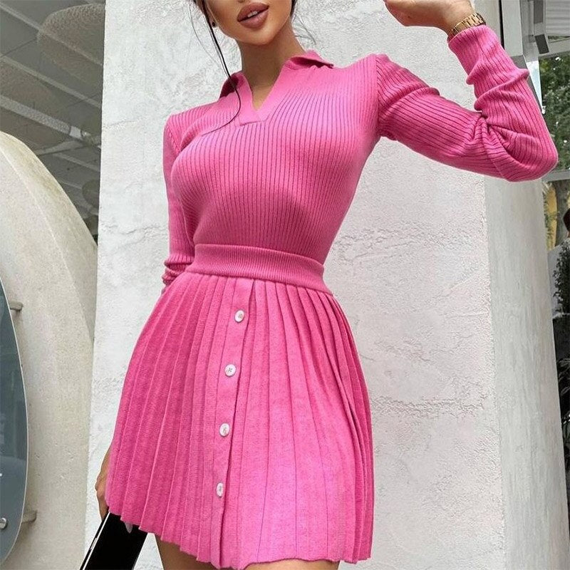 swvws Knit Women's Pleated Skirt Slim Pullovers Set  Autumn Buttons Long Sleeve Knitwear Mini Skirt Sets Ladies Party Tops Suits