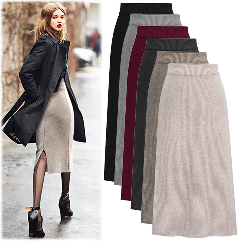 swvws Knitted Pleated Skirt Long Women  Autumn Winter Warm Skirts Womens Thicken High Waist Knit Skirt Female A-Line Slim Skirts