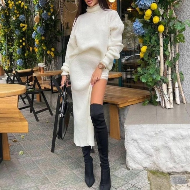 swvws Knit Women's Turtleneck Sweater Midi Skirt Set  Winter Loose Long Sleeve Pullovers Side Split Skirts Sets Ladies Sexy Suit