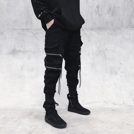 swvws Back To School  Black Cargo Pants Punk Pants Punk Rave Joggers Men Jogging Autumn Korean Streetwear Hip Hop Zipper Ribbon