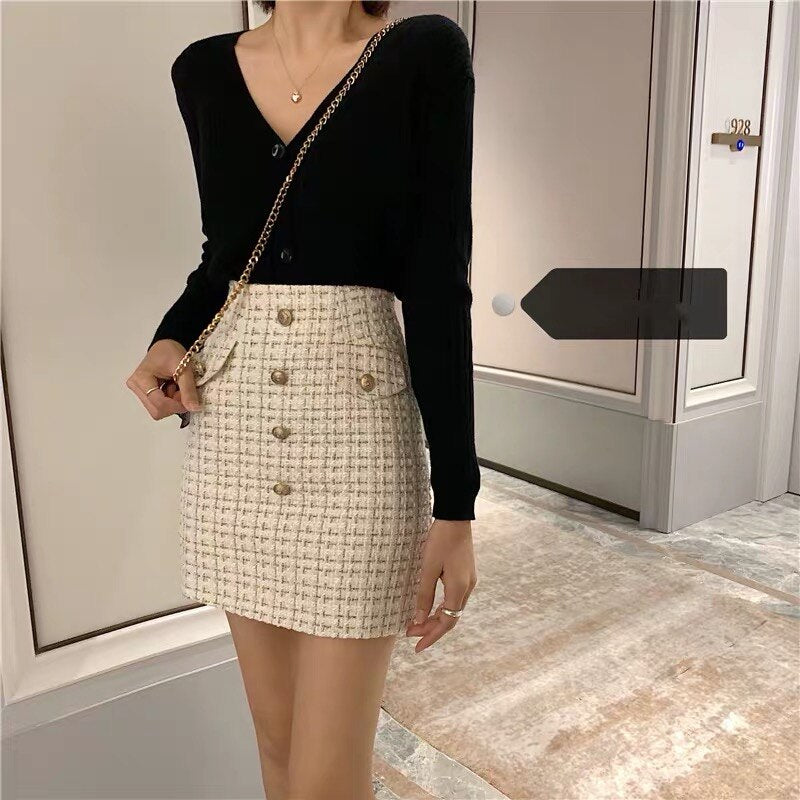 swvws Plaid Tweed Skirts Office Lady High Waist Mini Skirt Woolen Clubwear Vintage Buttons Black White Zipper Shorts Skirt