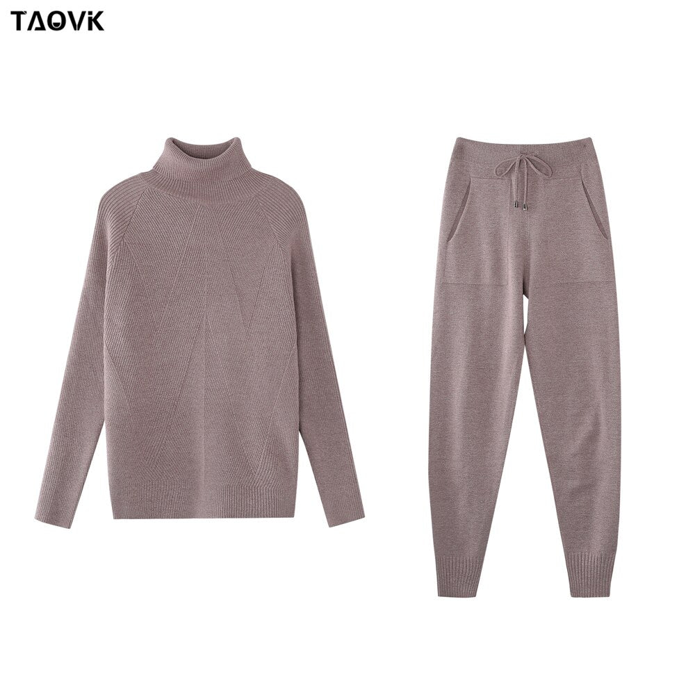 swvws Autumn Winter Women's Knitting Suits Solid Color Striped Turtleneck Sweater And Elastic Trousers Knitted Two Piece Set