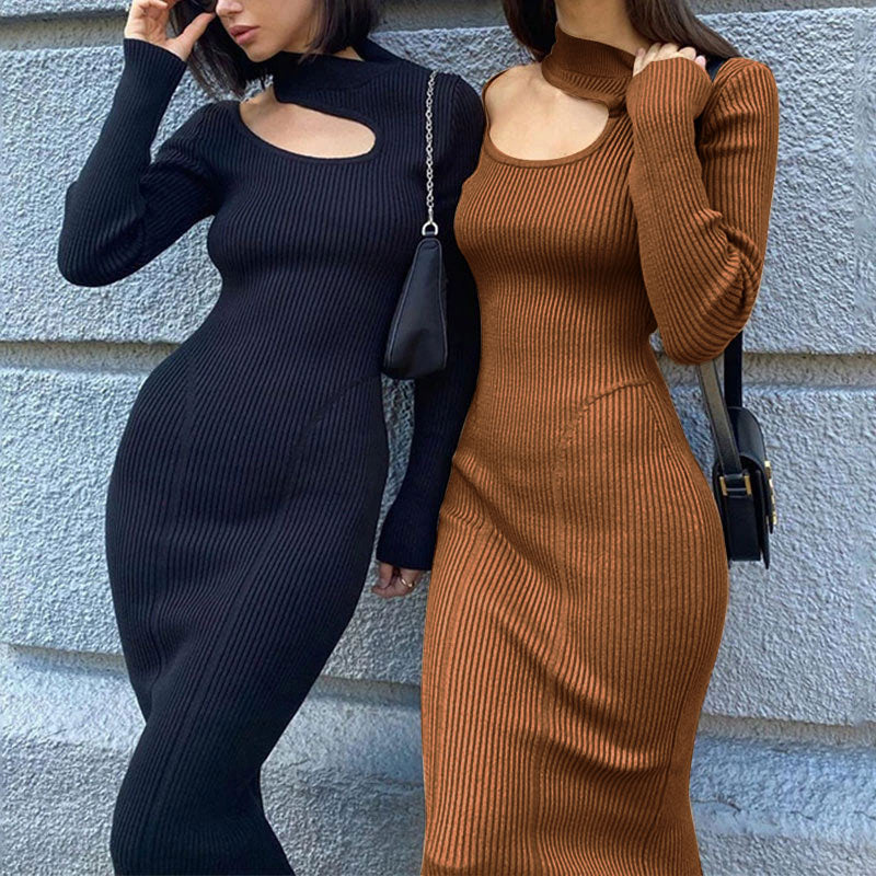 swvws Ribbing Knitted Women's Solid Slim Midi Dress  Autumn Mock-Neck Hollow Out Long Sleeve Dresses Ladies Sexy Elegant Vestidos