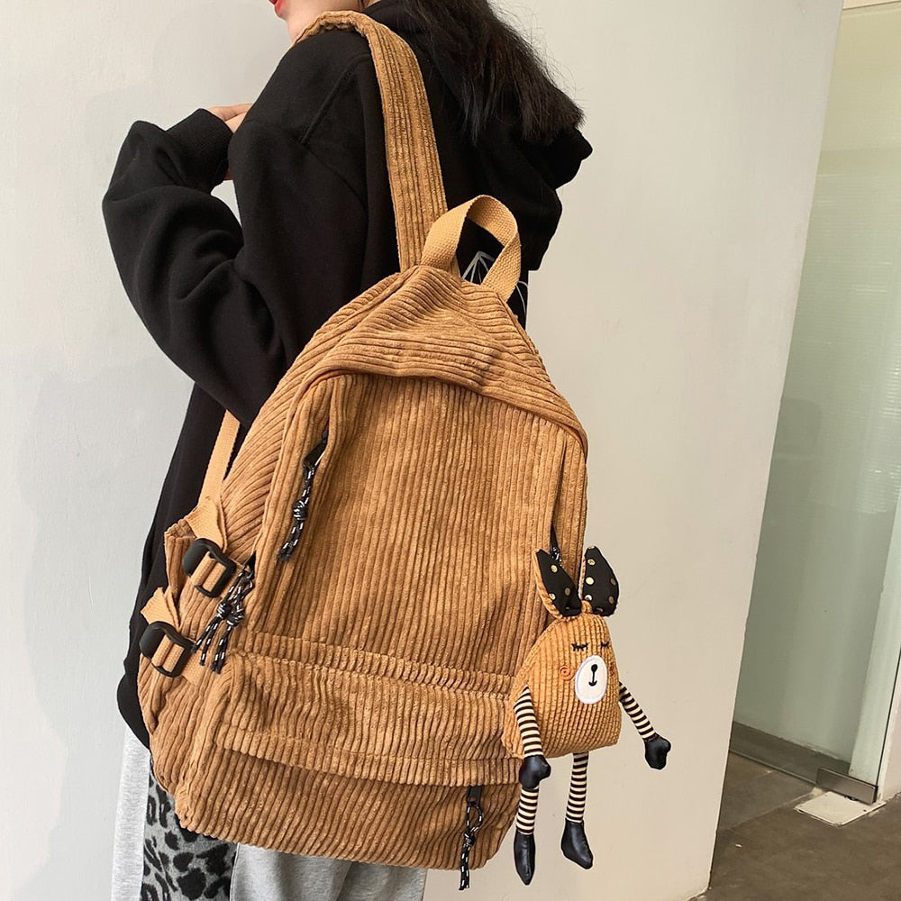 swvws Women Corduroy Backpack Khaki SchoolBag Cute Teenage Girls Harajuku Female Bag Student Kawaii Lady Book Pack New Fashion Mochila