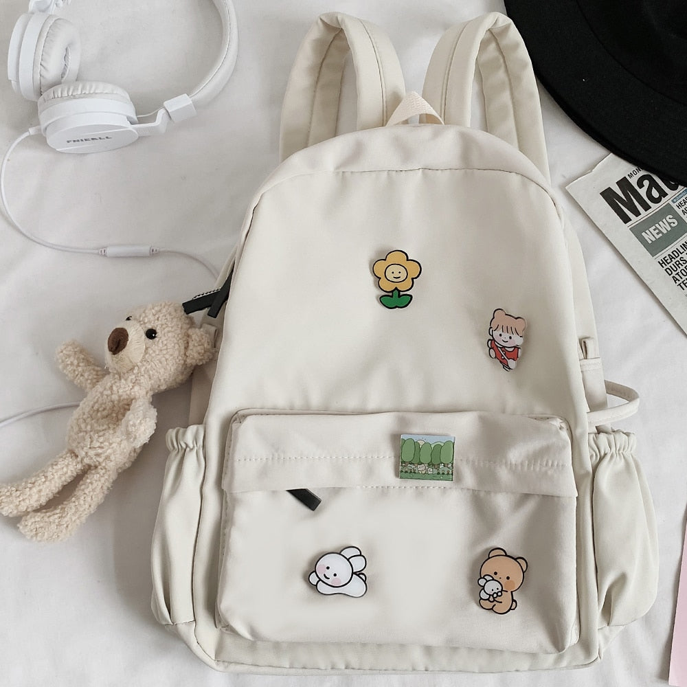 Women Nylon Cute Backpack Bear Female Student College School Bag Badge Girl Doll Backpack Kawaii Book Ladies Fashion Bags Trendy