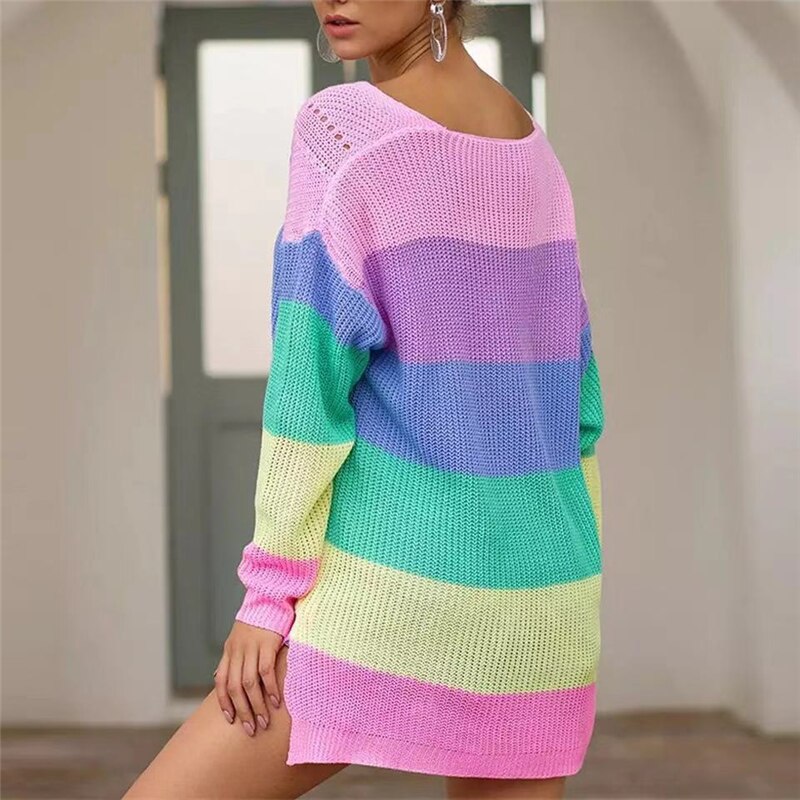 swvws Autumn Winter Pullover Striped Female Clothes Oversize Rainbow Sweater For Womens Casual Plus Size Multicolor Knitted