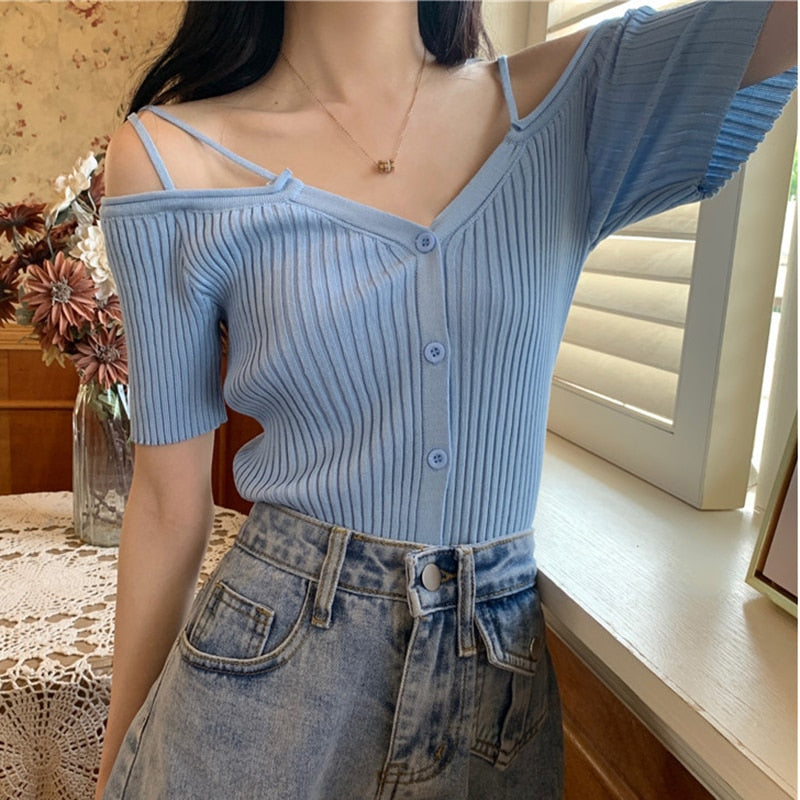 swvws Summer Off Shoulder V Neck Kintted Woman Tshirts Korean Fashion Black Thin Soild Basic Women's T-Shirt Short Tee Shirt Femme Top