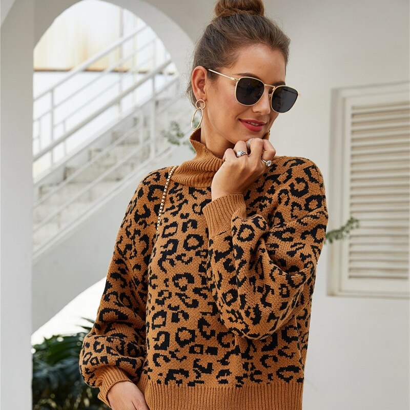 swvws Ladies Leopard Autumn Winter Women Sweater Turtleneck Casual Jumper Knitted Pullover Women Sweaters Top Female Pull Knitwear