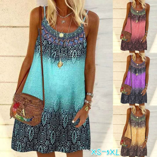 swvws  Plus Size Summer Casual Women's Dresses Sundresses Vintage Floral Print Beach Chiffon Bohemian Dress  Loose Sleeveless Dress