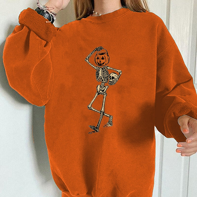 swvws Halloween Hoodies Seeyoushy  Sweatshirt Women Halloween Funny Pumpkin Skull Skeleton Print Casual Top Harajuku Drop-Shoulder Long Sleeve Sudaderas