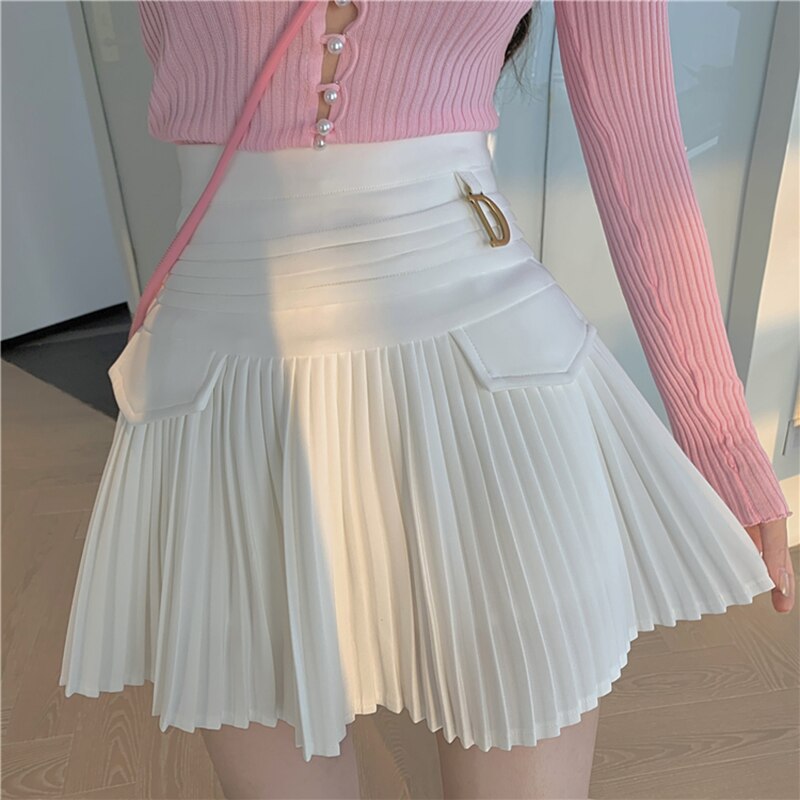 swvws Pleated Mini Skirt Women Summer Short Lace Trim Skirts Female Preppy Style Khaki High Waist Skirt Girl School Uniform Miniskirt