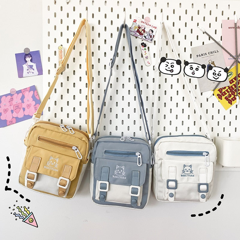 swvws  Japanese Kawaii Bag Girls Small Crossbody Bags For Women Cat Embroidery Nylon Bag Mini Shoulder Bag Mobile Phone Bag Purses