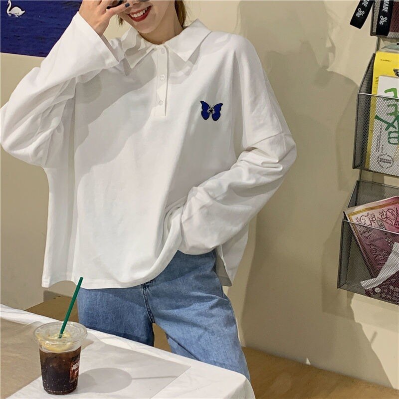 swvws Long Sleeve T-Shirts Women Turn-Down Collar Loose Students Embroidery Harajuku BF Tops Autumn Korean All-Match Trendy Chic Loose