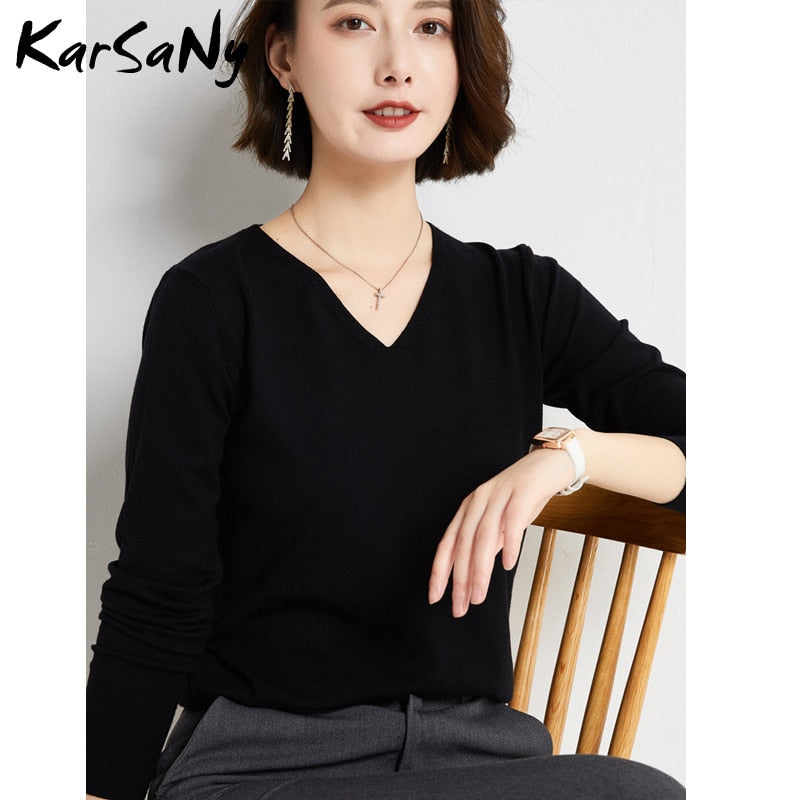 Back To School V Neck Sweater Pullover Winter Women  Solid Pulls Slim Knitted Top Basic Women's Sweaters Autumn Women Cashmere Jumper Woman