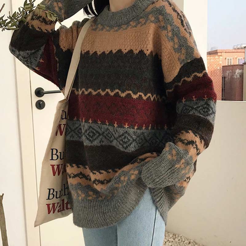 swvws Women Vintage Sweater Knitted Jumper College Loose Winter Striped Jumper Pullovers Korean Knitwear Autumn Casual Tops Femme