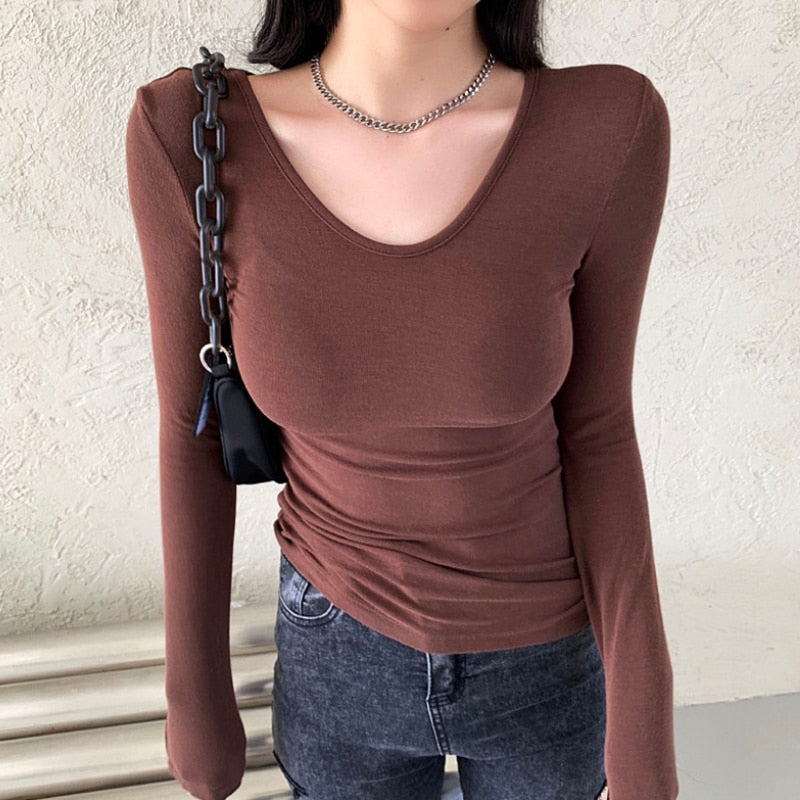 swvws Long Sleeve Top Women  Autumn Brown Women's Tshirts Slim O Neck Basic T-Shirt Korean Fashion Tee Shirt Femme Ladies Clothes