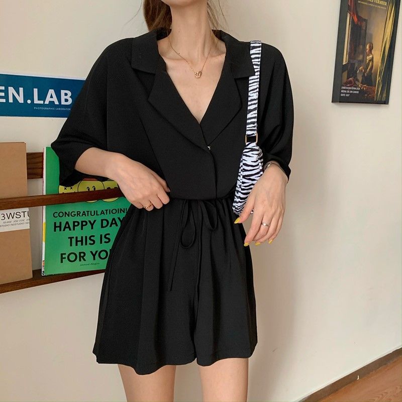 swvws Women Rompers Solid Elegant Draped Notched Collar Retro Fashion Short Sleeve Stylish S-5XL Lace-Up Playsuits Ulzzang Wide Leg