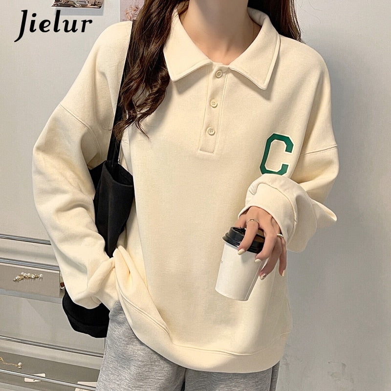 swvws Autumn Polo Women Hoodies Korean Fashion Streetwear Casual Loose Cool Buttons Letter Print Gray White Black Sweatshirt