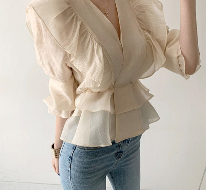 swvws Fashion Vintage Chiffon Blouse Women  New Puff Sleeve Ruffles V-Neck Shirt Women Silm Casual Womens Blouses Tops Mujer