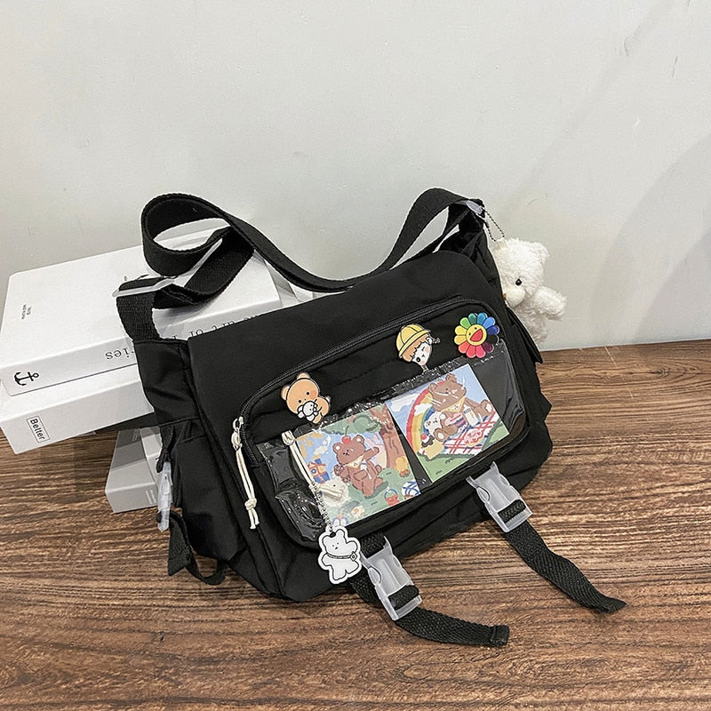 swvws  Korean Student Preppy Style Messenger Bag Large-capacity Shoulder Bag Women Nylon Bag Transparent Pocket Crossbody Bag Satchels