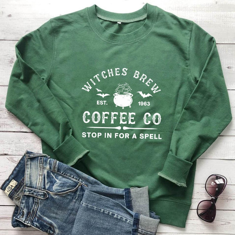 swvws Halloween Costume Witches Brew Coffee Co Sweatshirt Aesthetic Witchy Woman Halloween Drinking Pullovers Streetwear