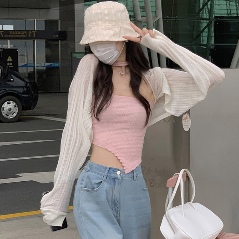 swvws Sexy Knitting Shrugs Women Chic Crop Tops Basic Bolero All Match Loose Sun Protection Translucent Fashion Knitwear Long Sleeve