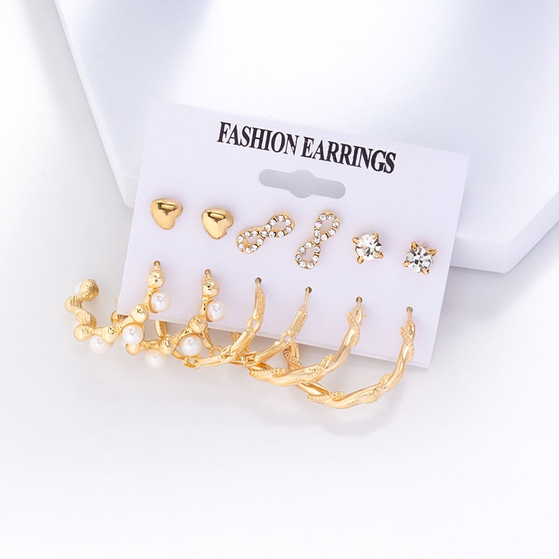 swvws 6Pairs Punk Metal Pearls Big Hoop Earrings for Women Bohomia Gold Color Chain Circle Geometric Drop Earring Fashion Jewelry