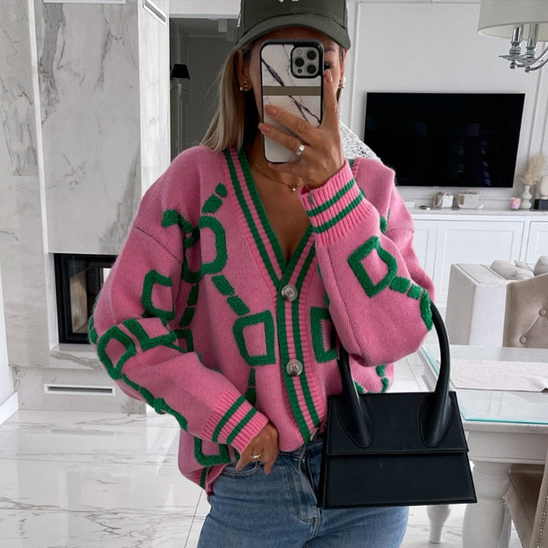 swvws Back To School Women Cardigan Green Striped Pink Knit Button Lady Cardigans Sweaters V-Neck Loose Casual Winter Fashion Knitted Coat