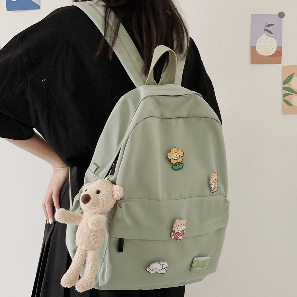 Women Nylon Cute Backpack Bear Female Student College School Bag Badge Girl Doll Backpack Kawaii Book Ladies Fashion Bags Trendy