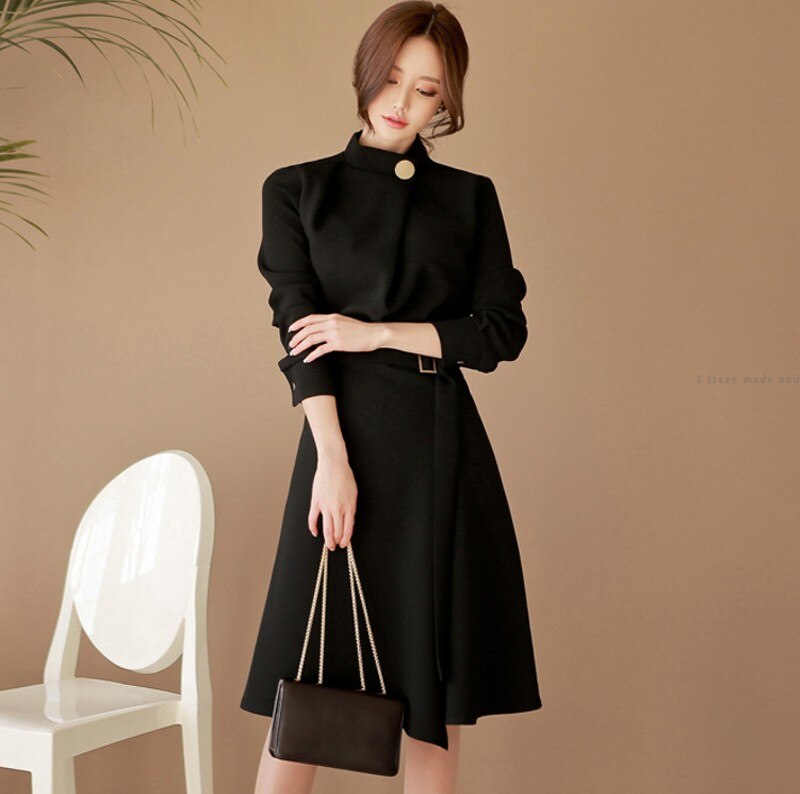 swvws  Autumn   Long Sleeve Office Lady Korean Fashion Professional Dress Business Clothes With Belt Solid Vestidos Slim Outfit