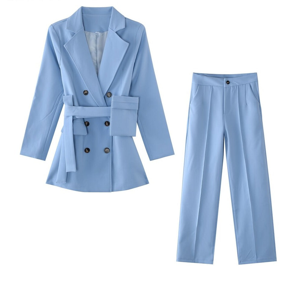 swvws Women Office Pant Suit Double Breasted Full Sleeve Blazers Jacket+Wide Leg Pant Two Pieces Set Lady Outfits Work Clothes