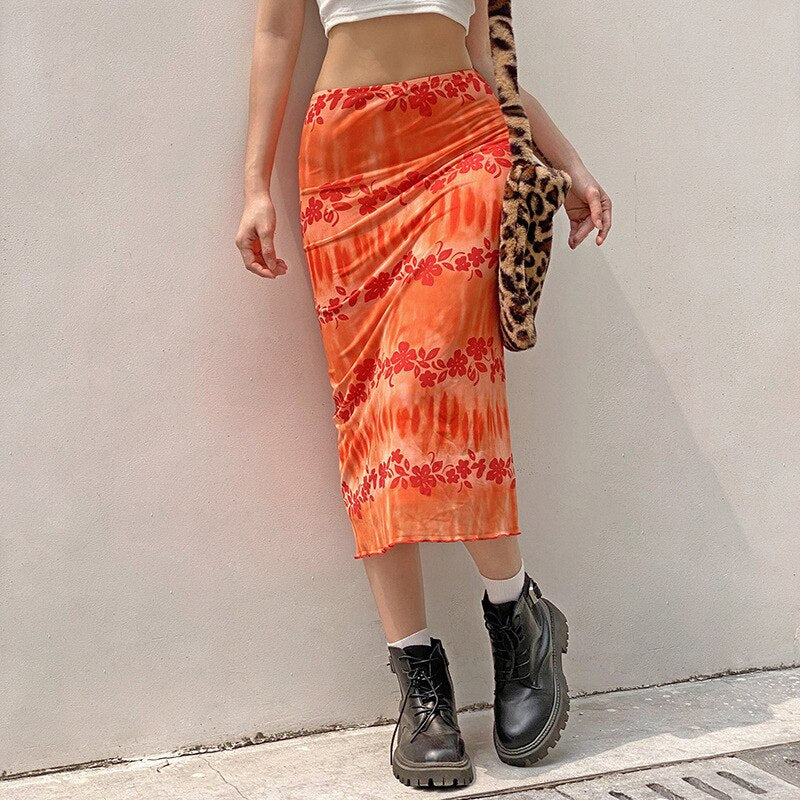 swvws   New Floral Printed Skirts Y2k Orange Fairy Grunge Long Skirts Women Vintage Cute Skirts  Summer Skirts Fashion Holiday Skirt