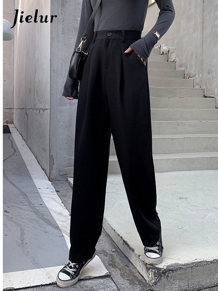 swvws Black Suit Pants Women Spring Office Lady Straight Trousers Solid Color High Waist Pockets Pants Gray Button Zipper Pants