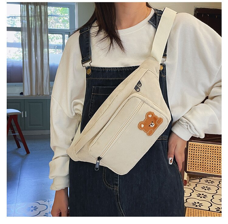 swvws  Japanese Kawaii Bag Women Corduroy Chest Bag For Women Cartoon Bear Waist Bag Large Capacity Crossbody Bags Purses Phone Bag