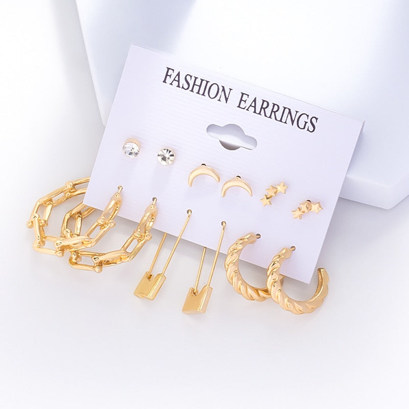 swvws 6Pairs Punk Metal Pearls Big Hoop Earrings for Women Bohomia Gold Color Chain Circle Geometric Drop Earring Fashion Jewelry