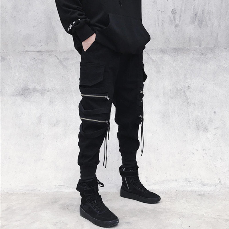 swvws Mens Vintage Hip Hop Style Baggy Jeans Joggers Cargo Pants For Men Casual Hip Hop Hit Color Pocket Male Trousers Sweatpants Streetwear Ribbons Techwear Pants